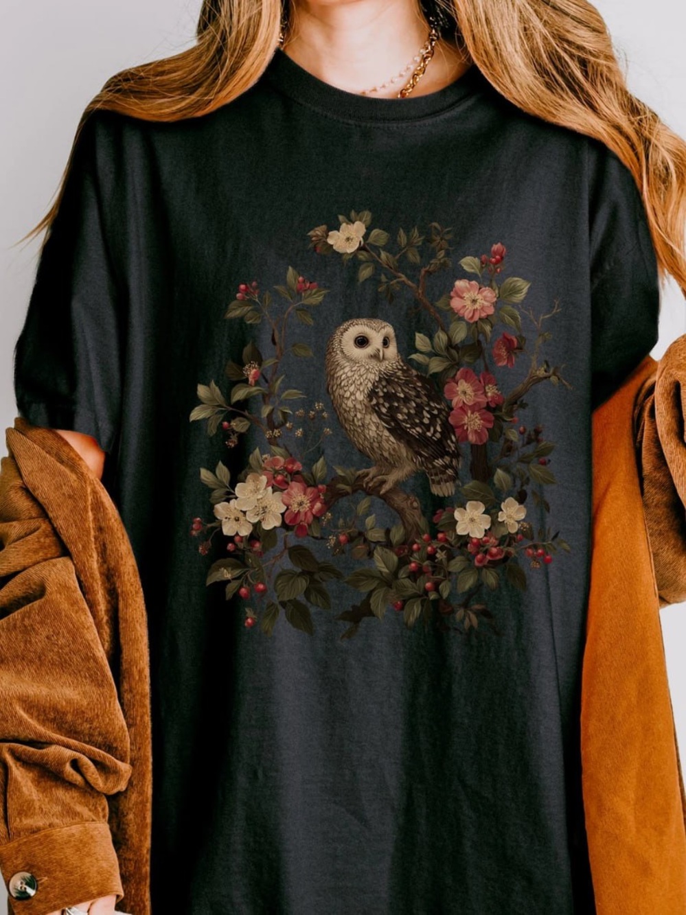 Black Tee with Owl & Floral Print